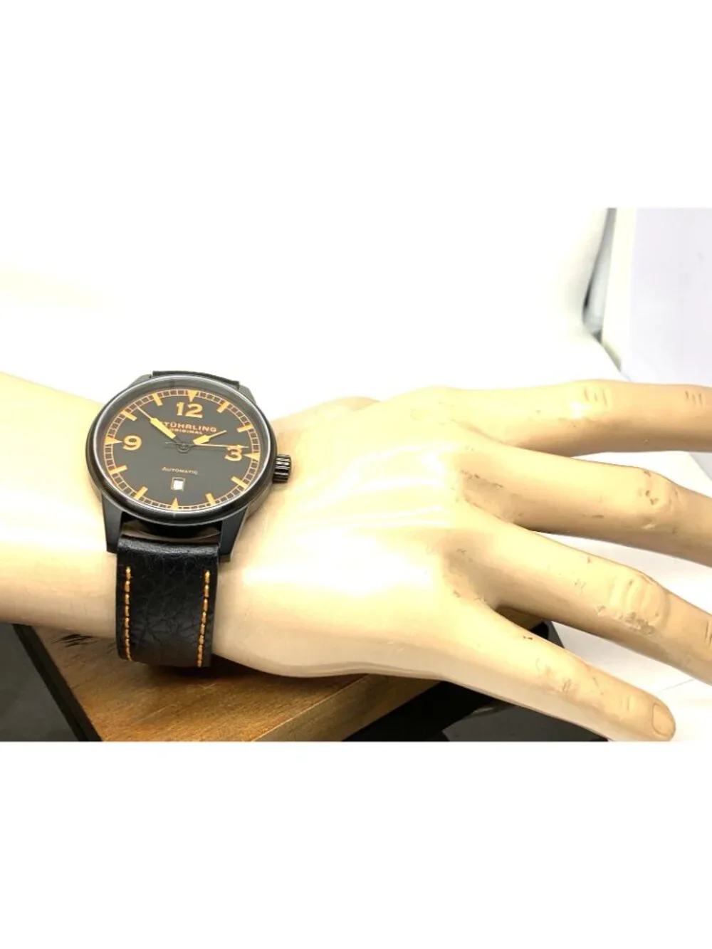 Stuhrling Men's Watch ST-900016 Automatic Black Orange Dial Leather Band 44mm